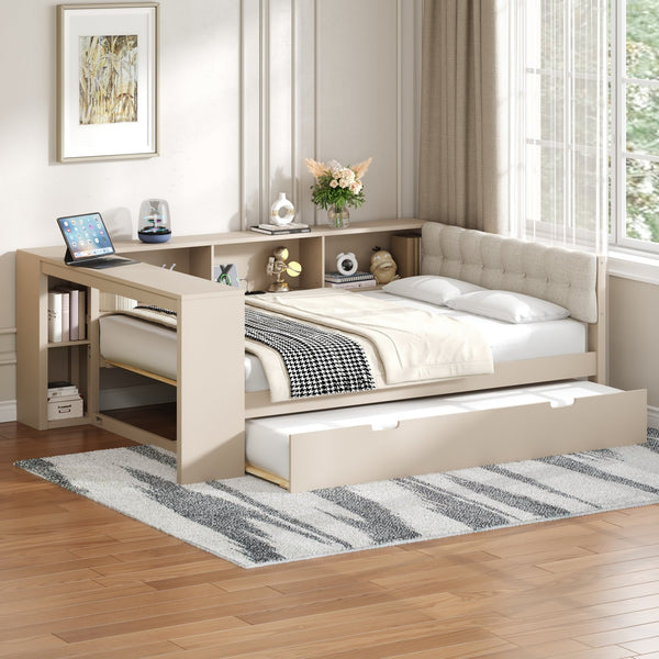 English Elm Wood Twin Platform Bed Linen Headboard Storage Shelves Trundle Charging Station Cream N709P004024C