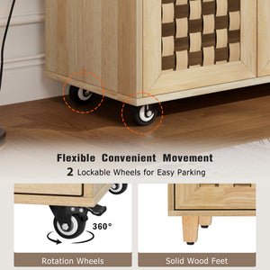 English Elm K&K Vintage Woven Checkerboard Kitchen Island 53.2" with Drop Leaf, Power Outlet, 5 Wheels, Storage N707P215328Y