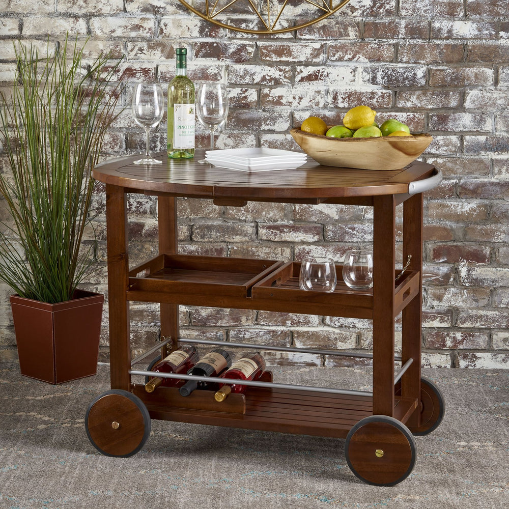 English Elm Christopher Knight Home® - BAR Tillary Outdoor Acacia Wood Drop-Leaf Bar Cart with Wine Rack, Drawers & Aluminum Wheels, Oak 60987.00