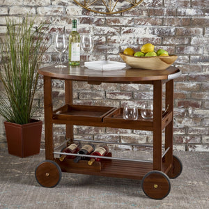 Christopher Knight Home® - Noble House - Tillary Outdoor Dark Oak Acacia Wood Bar Cart with Shiny Powder Coated Aluminum Accents