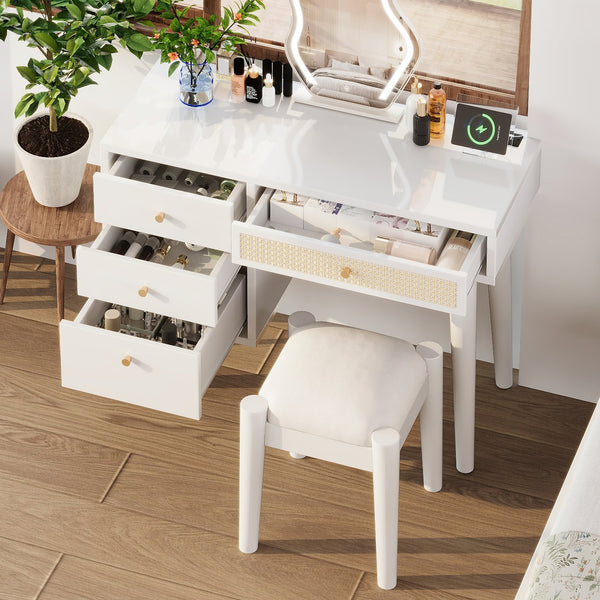 English Elm 39" Retro Bohemian Makeup Vanity Set with Rattan Drawers, USB Charging Port, Cushioned Stool, 4-Drawer Storage White 44.1 L x 18.75 W x 10.5 H N733P180011K