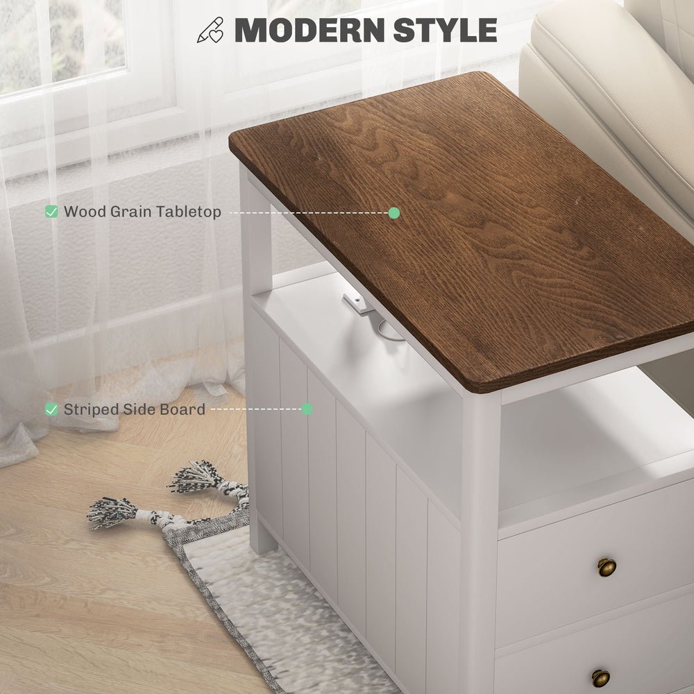 English Elm HOMCOM Narrow End Table with Charging Station, 2 Outlets & USB, 2 Drawers Shelf, Modern White W2225P249995