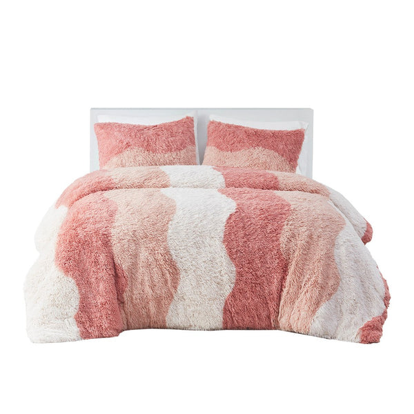 English Elm Twin/Twin Cassie Ombre Shaggy Faux Fur Comforter Set – Tonal Wave Stripe, Reversible Blush, Hypoallergenic Dustproof B035129807