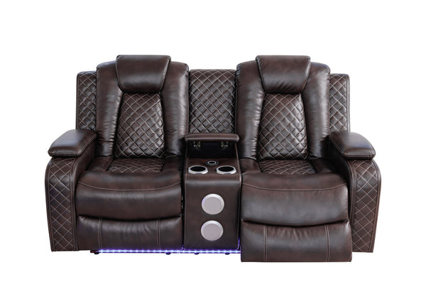 English Elm Violetglow Reclining Sofa with Led Lighting Wireless Charging and Bluetooth Speakers Brown B2730S00033