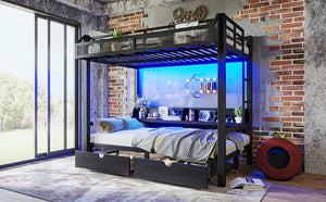 English Elm Twin Over Metal Bunk Bed with Led Lights Usb Ports Drawers and Sofa Conversion W5305S00002