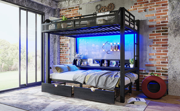 English Elm Twin Over Metal Bunk Bed with Led Lights Usb Ports Drawers and Sofa Conversion W5305S00002