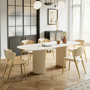 English Elm Carbon Steel Dining Table with Stone Top and Matte Black Frame for Modern Rooms W1002S00010