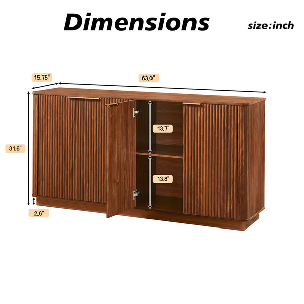 English Elm 63" Wave Front Sideboard with Four Door Storage for Living Room Hallway Bedroom Walnut W1820P431359