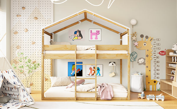 English Elm Twin Over Kids Bunk Bed with Tent Canopy Farmhouse Pinewood Playroom Frame Natural N708P248523M
