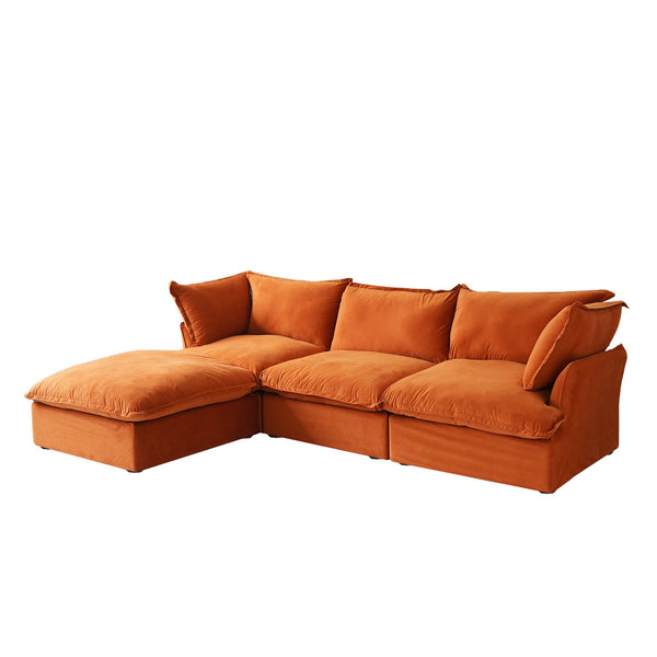 English Elm Sky Cloud Sectional Sofa with Cloud-Like Comfort, Modular L-Shaped Velvet Seating, Removable Covers, Storage Ottoman Orange B341S00020