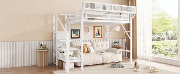 English Elm Twin Metal High Loft Bed with Staircase Storage Wardrobe for Kids and Teens White W2580S00061