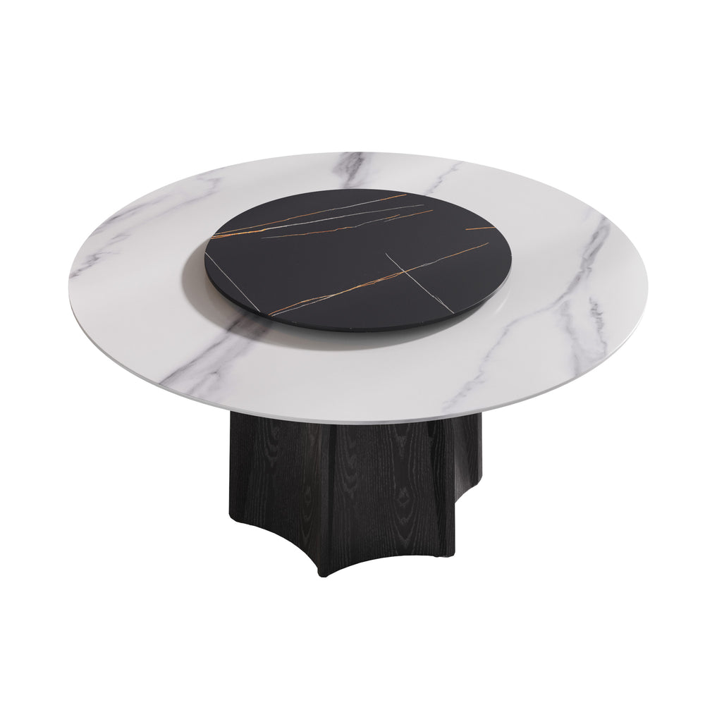 English Elm 59.05" Round Marble Dining Table With Black Oak Base & 31.5" Turntable For Elegant Gatherings W1535S00385