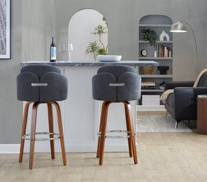 English Elm Fixed-height Mid-century Barstools with Walnut Legs and Grey Upholstered Seats Set B202S01900
