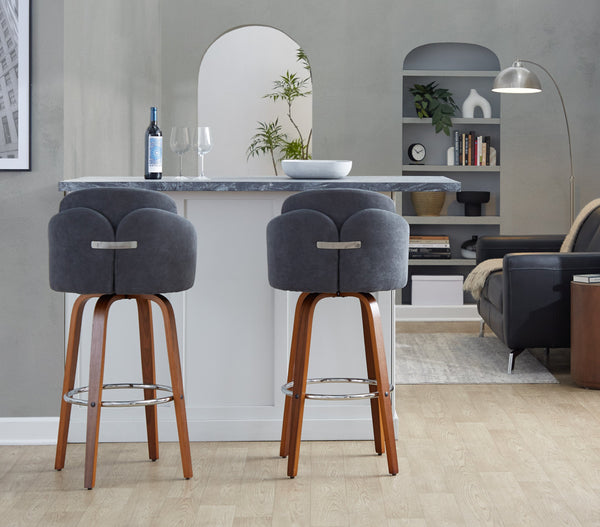 English Elm Fixed-height Mid-century Barstools with Walnut Legs and Grey Upholstered Seats Set B202S01900