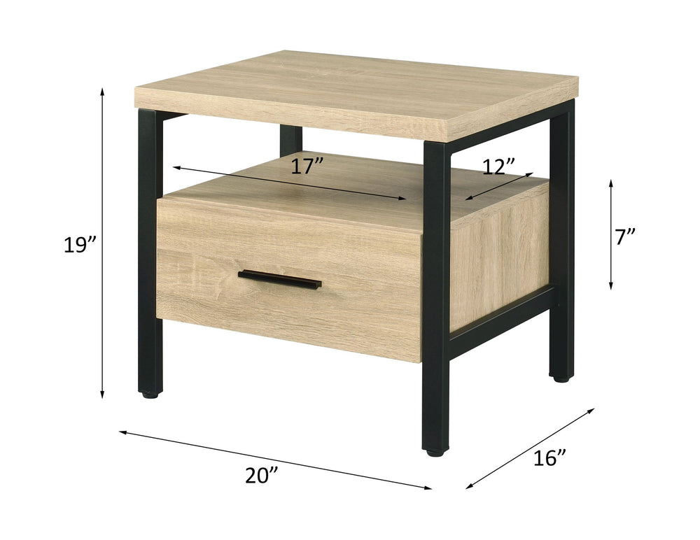 English Elm Yawan Oak Accent Table with Black Metal Legs, 1 Drawer & Shelf, Compact Storage Nightstand, 40lb Top B2726P287569