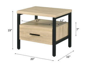 English Elm Yawan Oak Accent Table with Black Metal Legs, 1 Drawer & Shelf, Compact Storage Nightstand, 40lb Top B2726P287569