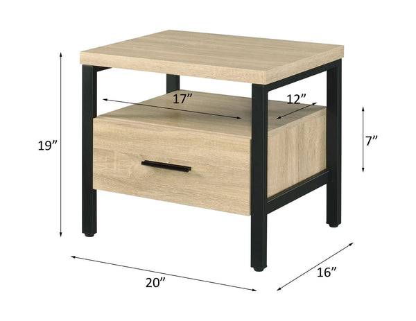 English Elm Yawan Oak Accent Table with Black Metal Legs, 1 Drawer & Shelf, Compact Storage Nightstand, 40lb Top B2726P287569
