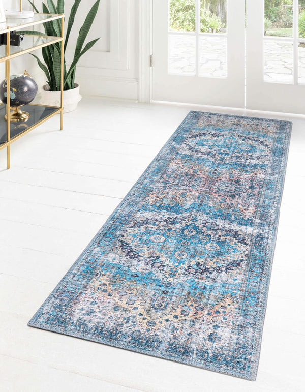 Unique Loom Mangata Mary Machine Made Border Rug Blue, Blue/Black/Beige/Ivory/Gray/Navy Blue/Peach/Turquoise 2' 7" x 13' 1"