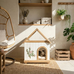 English Elm Daisy Cedar Pet House Acrylic Roof Floral Carved Indoor Outdoor Wooden Cat Shelter W3799P382526