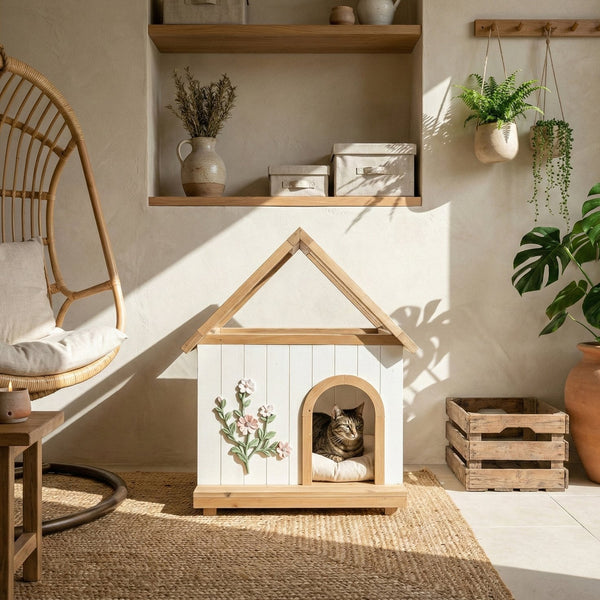 English Elm Daisy Cedar Pet House Acrylic Roof Floral Carved Indoor Outdoor Wooden Cat Shelter W3799P382526