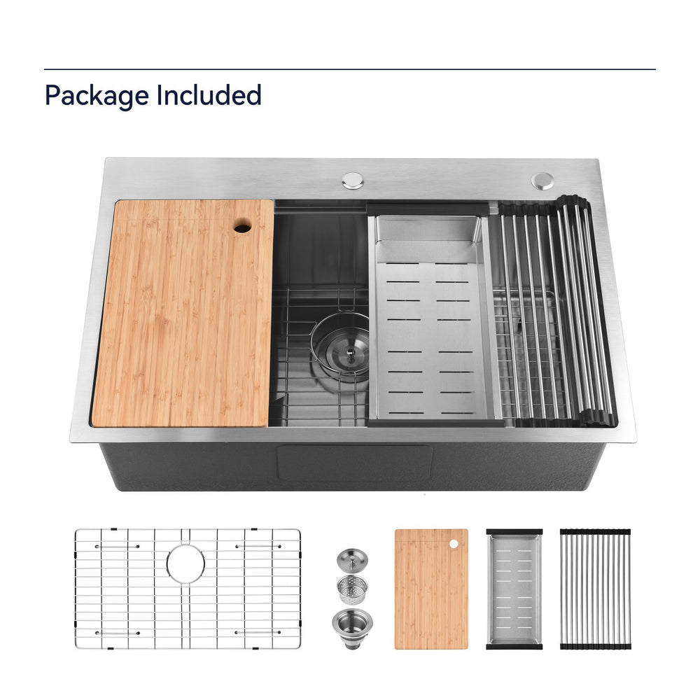 English Elm Stainless Handmade Single Bowl Drop-in Kitchen Sink with Cutting Board and Drain Grid T3177P286033