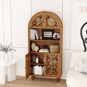 English Elm Vintage Hand-carved Solid Wood Bookcase Tall Arched Open Shelf Cabinet for Living Room W3123P485777