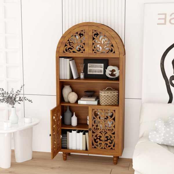English Elm Vintage Hand-carved Solid Wood Bookcase Tall Arched Open Shelf Cabinet for Living Room W3123P485777
