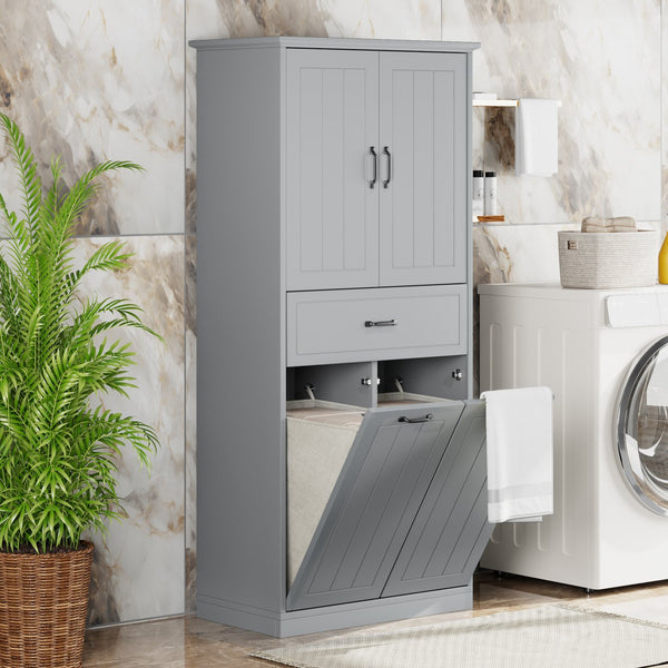 English Elm Christopher Knight Home® - Bathroom Storage Cabinet with Doors Drawer & Dual Laundry Baskets, MDF Build, Adjustable Shelf, Anti-Tip Device Grey N759P243350E