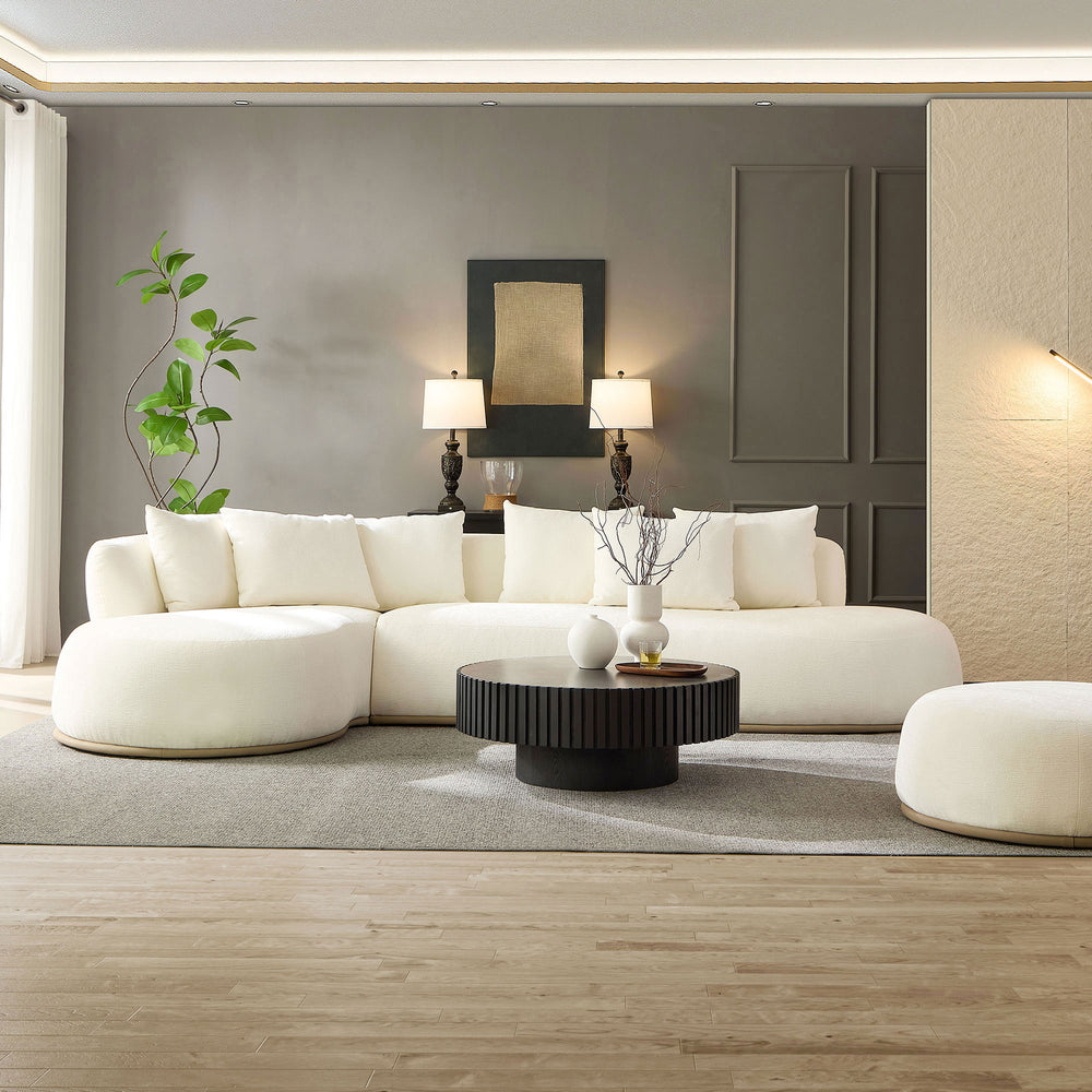 English Elm 134.6" Oversized L-Shaped Sectional Sofa with Ottoman, Beige, No Assembly, 6 Pillows, Deep Seats, Modern Comfort W3208S00002