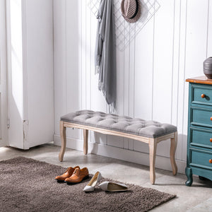 English Elm Bedroom Bench Tufted Linen Seat with Carved Distressed Wood Legs French Country Style Grey W3244P493669