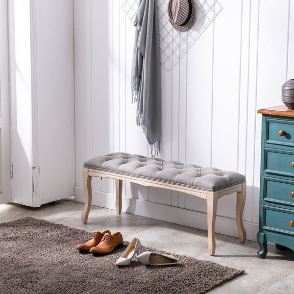 English Elm Bedroom Bench Tufted Linen Seat with Carved Distressed Wood Legs French Country Style Grey W3244P493669