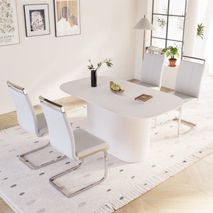 English Elm 63 Inch Cream Mdf Dining Table Set with Pu Chairs Silver Metal Legs Modern 5 Piece W2189S00889