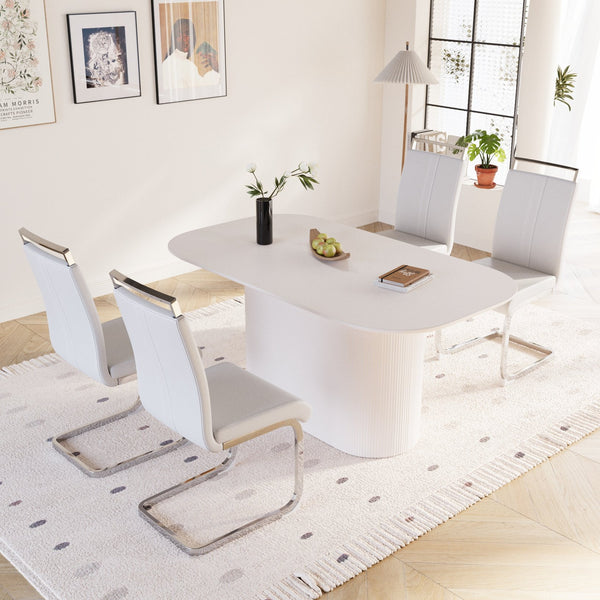 English Elm 63 Inch Cream Mdf Dining Table Set with Pu Chairs Silver Metal Legs Modern 5 Piece W2189S00889