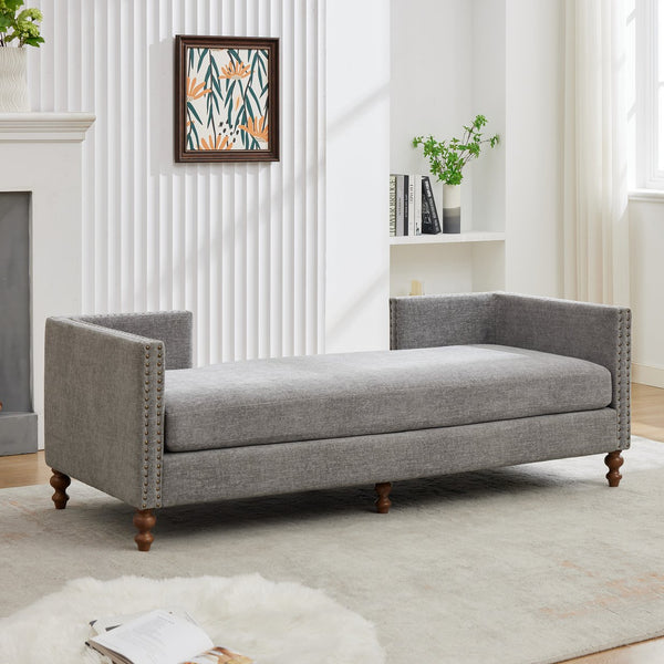 English Elm 75.2'' Chenille Upholstered Daybed Chaise with Nailhead Trim and Rubberwood Legs Gray W3188S00058