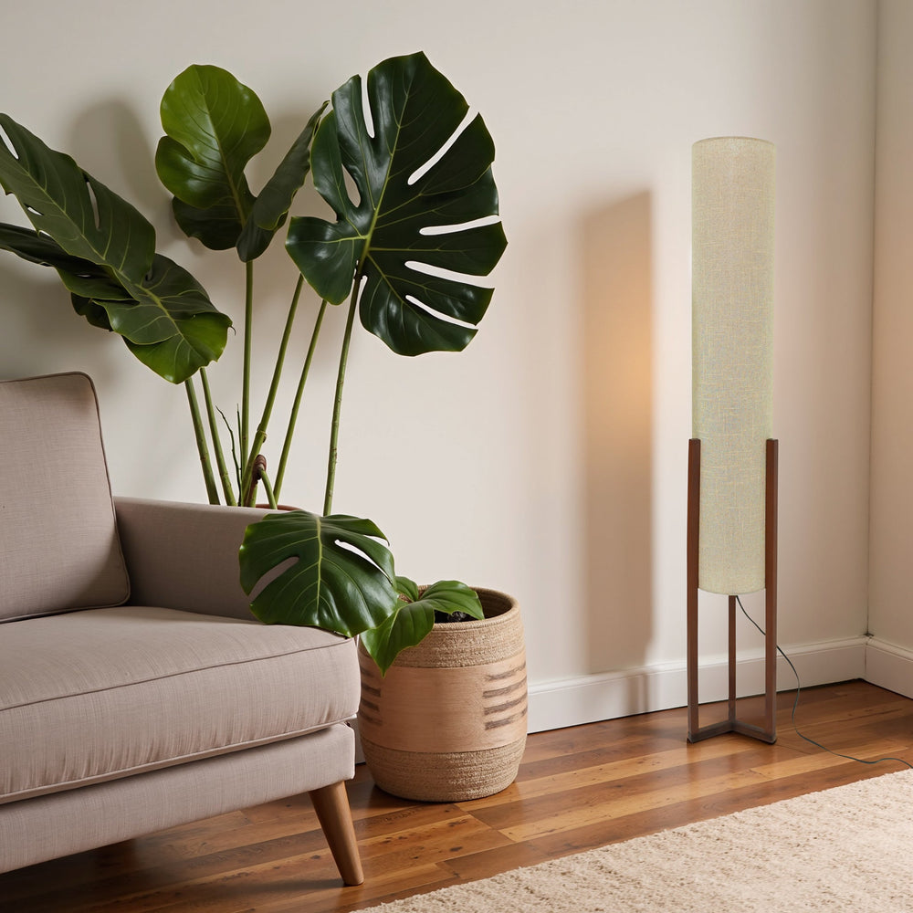 English Elm Arc Floor Lamp with Walnut Base and Drum Shade for Reading or Bedroom Ambiance B183P315102