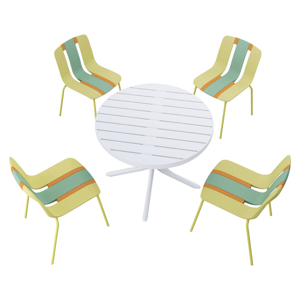 English Elm Summer 5 Piece Round Polypropylene Dining Set Uv Resistant Striped Indoor Outdoor Patio Grain Yellow,Haze Green,Tropical Orange,White W3450S00030