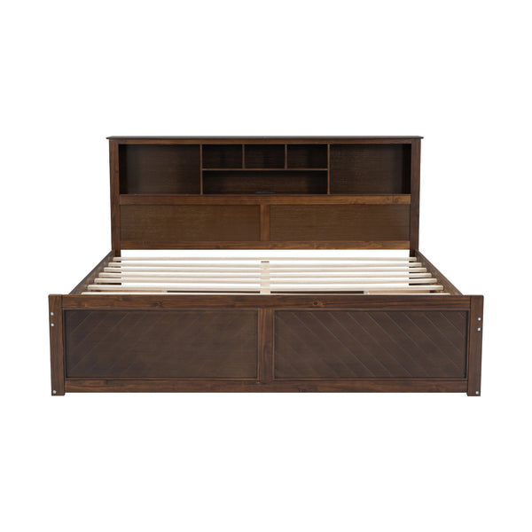 English Elm King Platform Bed with Multi-Storage Headboard, Built-In USB & Outlets, Side Drawers, Modern Design Wood GX000400AAD