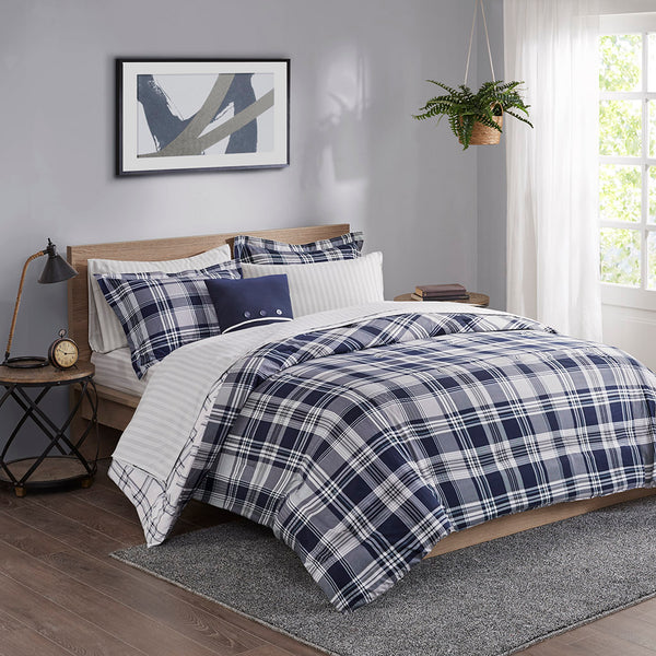 JLA Home Madison Park Essentials - 8 Madison Park Essentials Patrick Reversible Comforter Set with Sheets, Navy Plaid, OEKO-TEX, Antimicrobial MPE10-877
