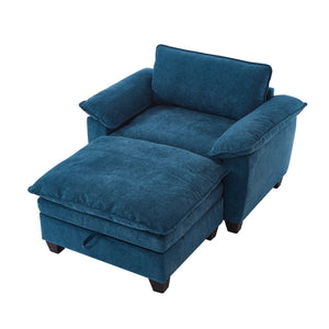 English Elm 51" Oversize Chaise Lounge Chair with Ottoman and Hidden Storage Upholstered in Soft Chenille Comfort Blue W1097S00153