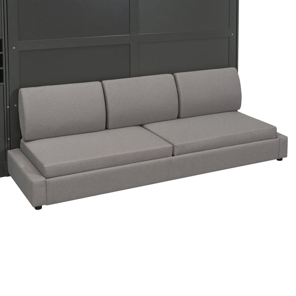 English Elm Queen Murphy Wall Bed Sofa with Open Shelving Usb Charging and Integrated Studio Lighting Gray LP100764AAE