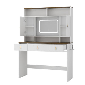 English Elm Farmhouse Vanity with Lighted Mirror Drawers and Styling Tool Storage for Bedroom W1321P423039