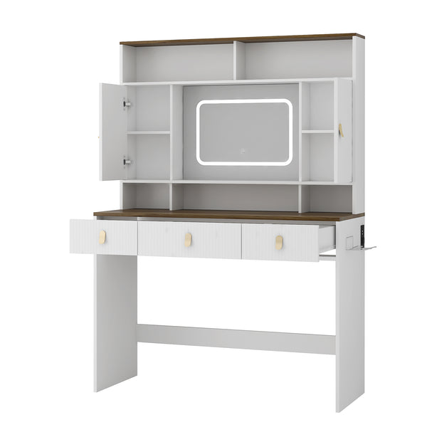 English Elm Farmhouse Vanity with Lighted Mirror Drawers and Styling Tool Storage for Bedroom W1321P423039