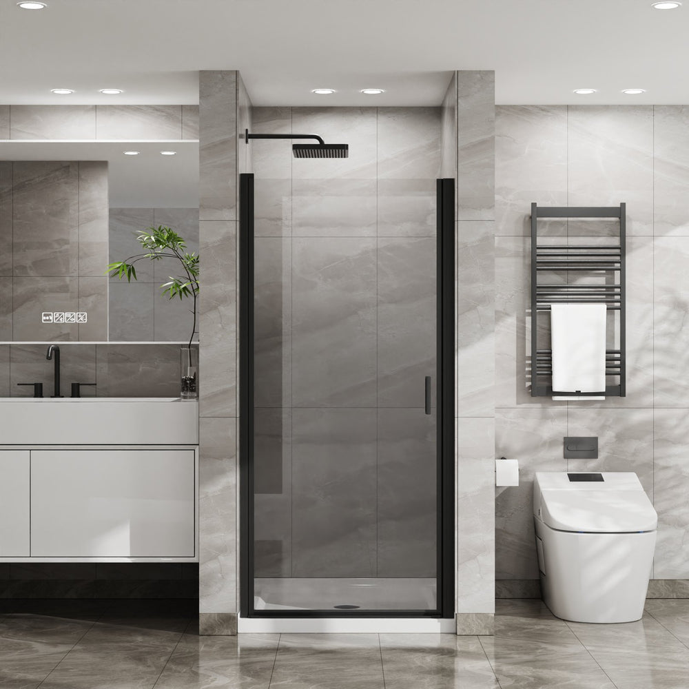English Elm Goodyo 34"X72" Pivot Shower Door & White Acrylic Base Combo With Black Aluminum & Clear Glass Finish W1223S00018