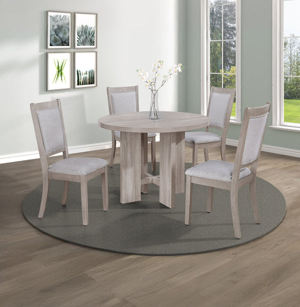 English Elm 5pc Modern Round Dining Set with Upholstered Beige Chairs & Driftwood Finish Table, Compact Stylish Design B011P287318