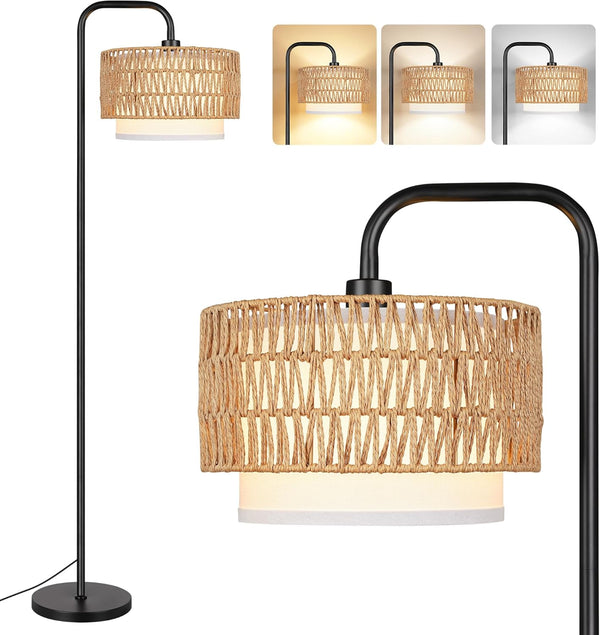 English Elm 68''Floor Boho Farmhouse Lamp with Remote & Pedal, 3Temp Dimmable LED, Rattan + Linen Shades, Black W3355P391496