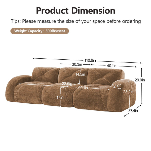 English Elm Three Seater Chenille Sofa with Ottoman Solid Wood Base Tufted Arms Living Room Camel W714S01635