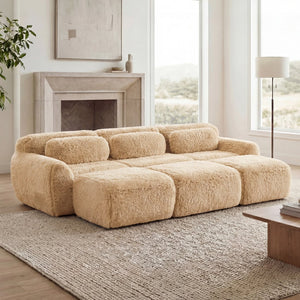English Elm 3-seater Curved Modular Sectional Plush Upholstered Sofa with Linkable Ottoman for Living Rooms Light Khaki W714S01570