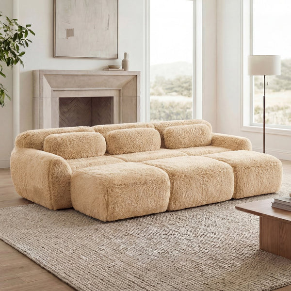 English Elm 3-seater Curved Modular Sectional Plush Upholstered Sofa with Linkable Ottoman for Living Rooms Light Khaki W714S01570