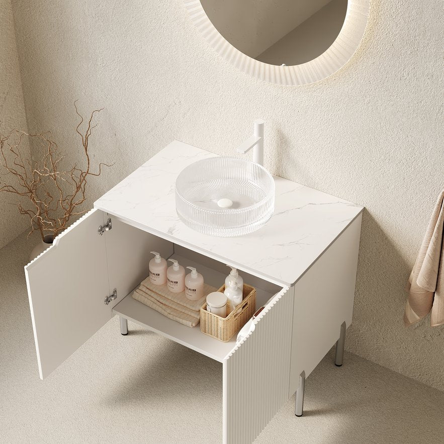 English Elm Turio Freestanding Bathroom Vanity Plywood Cabinet Sintered Stone Top Glass Basin W2615S00234