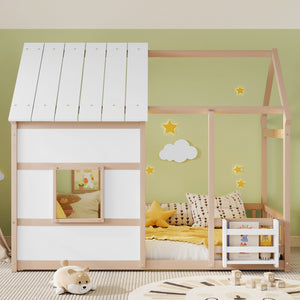 English Elm Twin House Frame Floor Bed Pinewood Build with Led Roofline Kids Bedroom Cream,White W697P435884